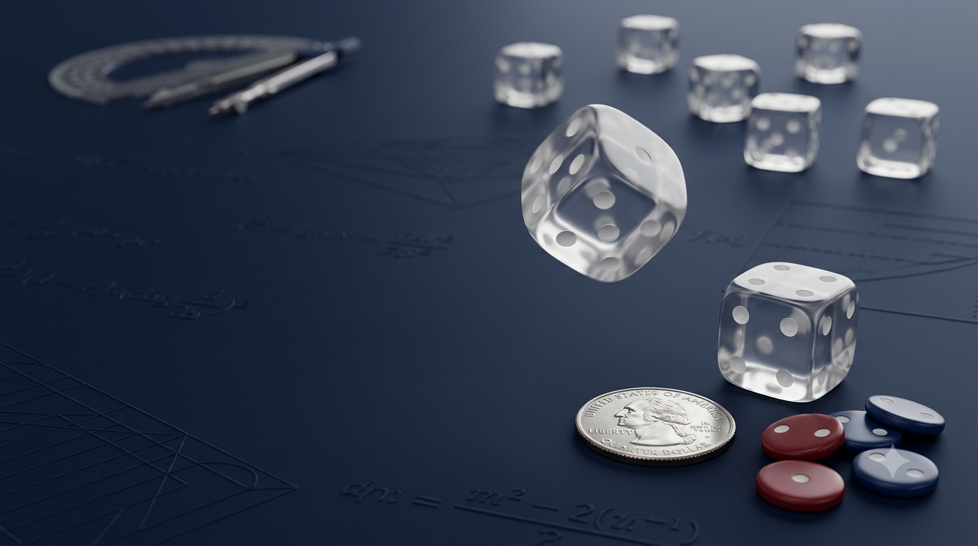 Realistic 3D dice and probability objects illustrating random experiments, outcomes, and events in mathematics.