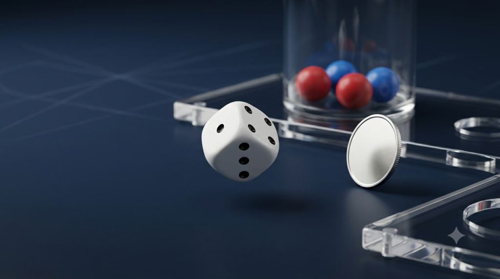 Realistic 3D illustration of a rolling die, a coin, and coloured balls representing random experiments in probability.
