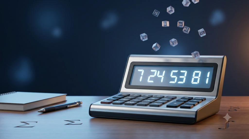 3D illustration of a digital number generator displaying random integers