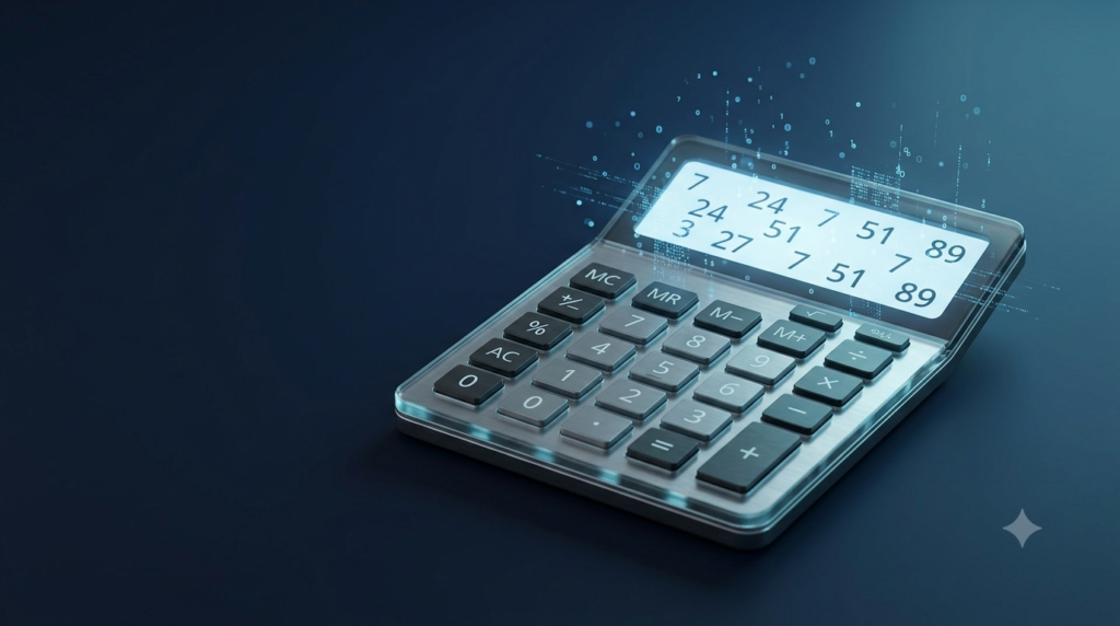 Realistic 3D calculator displaying random numbers on a dark blue background