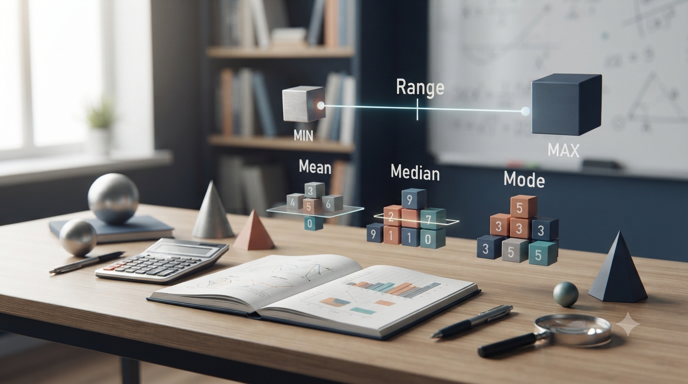 3D illustration of range, mean, median, and mode formulas in data analysis