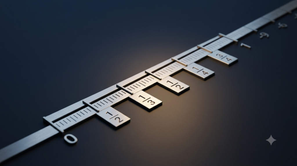 Realistic 3D number line illustrating rational numbers, fractions, and positive and negative values.