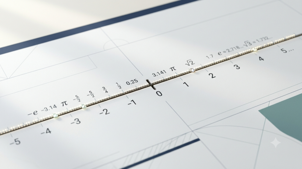 3D illustration of a complete real number line showing negative and positive integers with points between them.