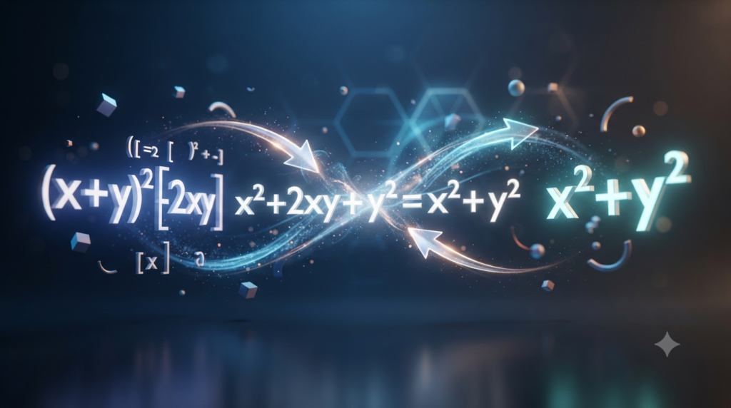 Realistic 3D illustration of equivalent formulas transforming into the same mathematical expression
