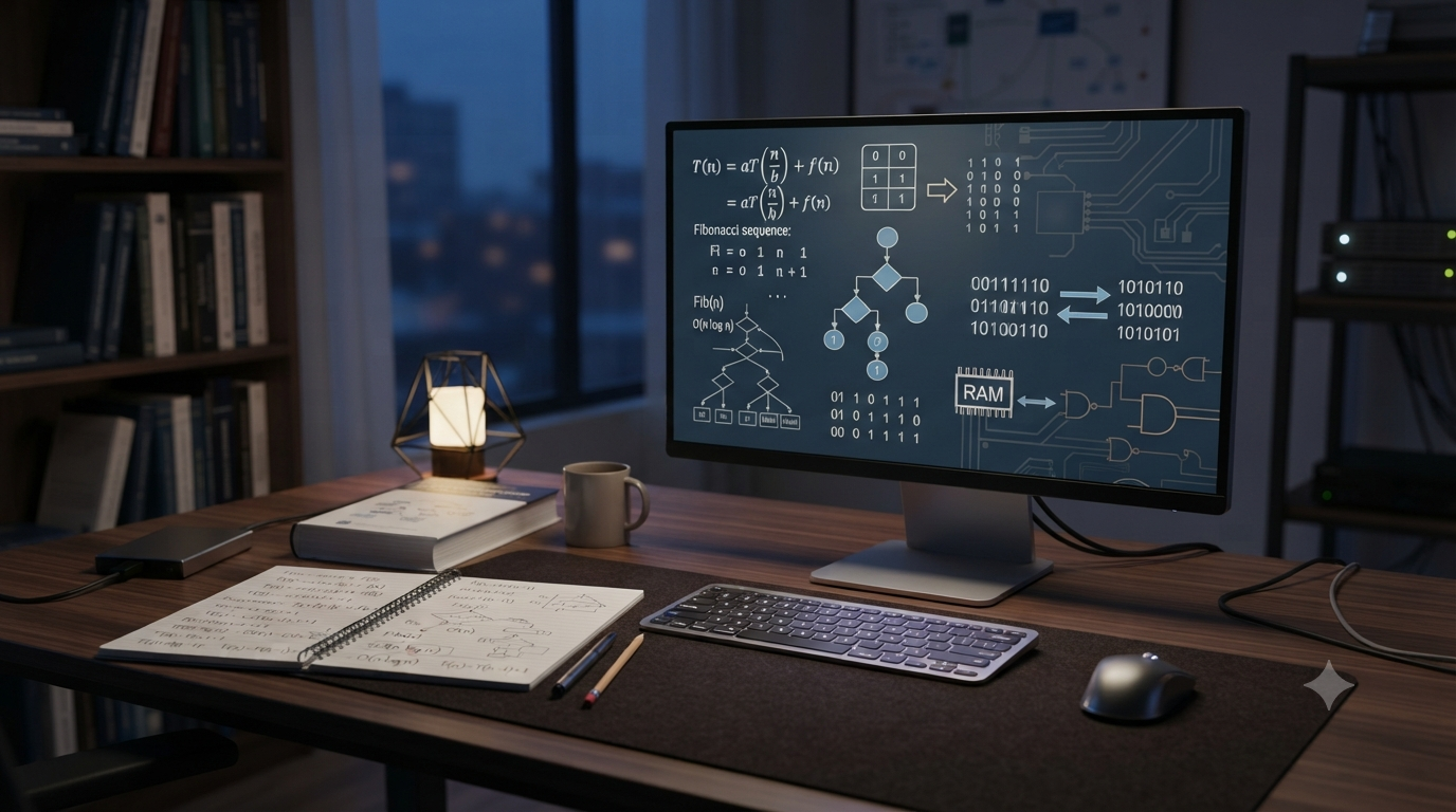 3D illustration representing recurrence relations and basic computing formulas in computer science