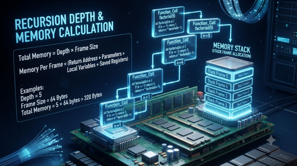 3D illustration of recursive function calls, stack memory, and basic memory calculation formulas in computer science.