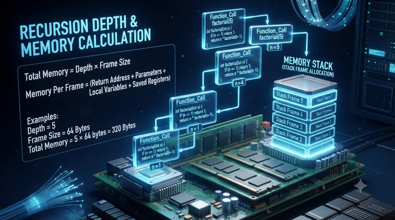 3D illustration of recursive function calls, stack memory, and basic memory calculation formulas in computer science.