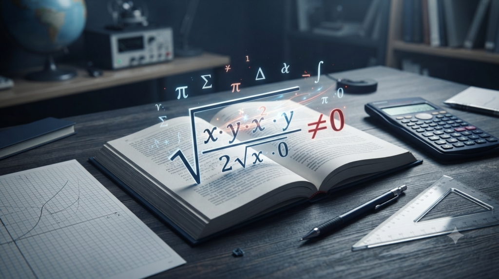 Realistic 3D illustration showing restrictions on variables in mathematical formulas