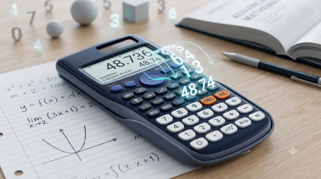 Rounding calculator displaying decimal numbers and rounding results on a mathematical study desk.
