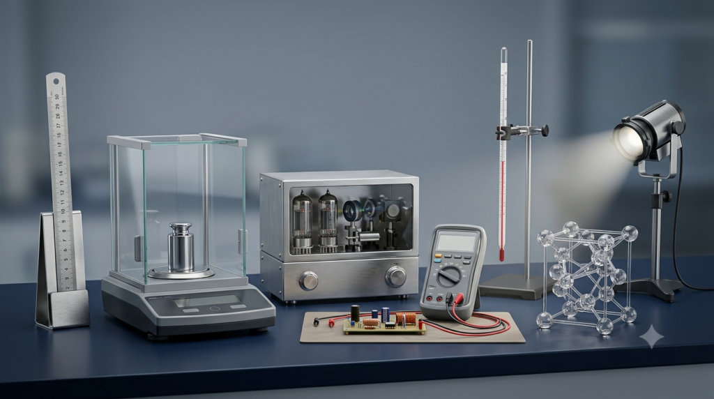 Seven SI base unit measurement concepts displayed in a realistic scientific laboratory scene.