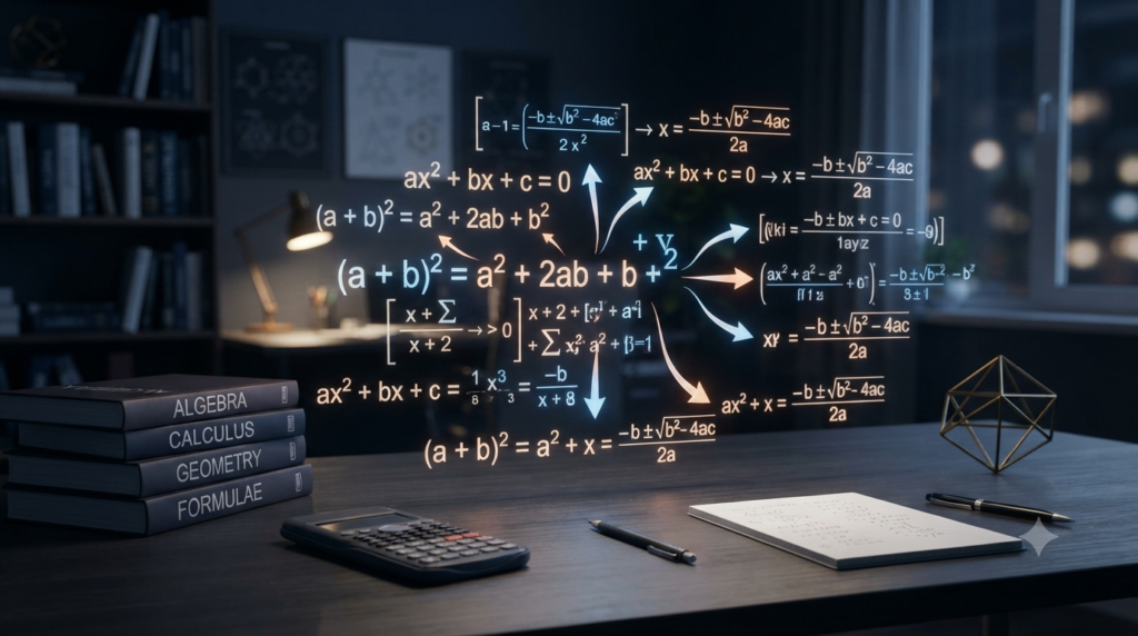 3D illustration showing equivalent mathematical formulas and algebraic relationships