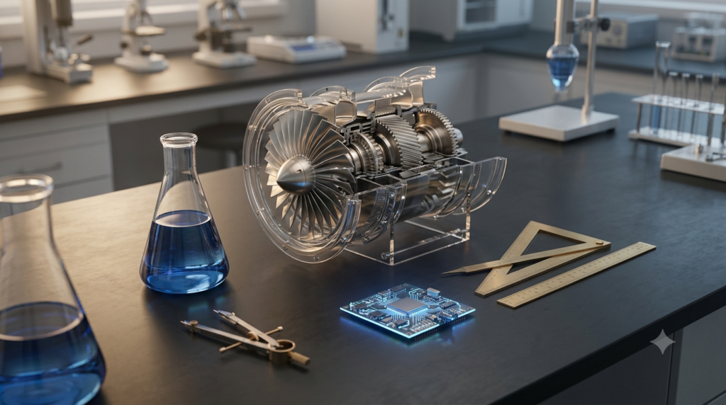 Realistic 3D render of scientific laboratory equipment, engineering components, electronic circuits, and mathematical instruments.