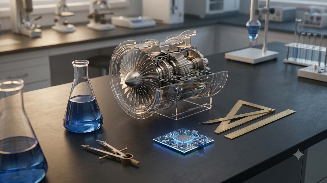 Realistic 3D render of scientific laboratory equipment, engineering components, electronic circuits, and mathematical instruments.