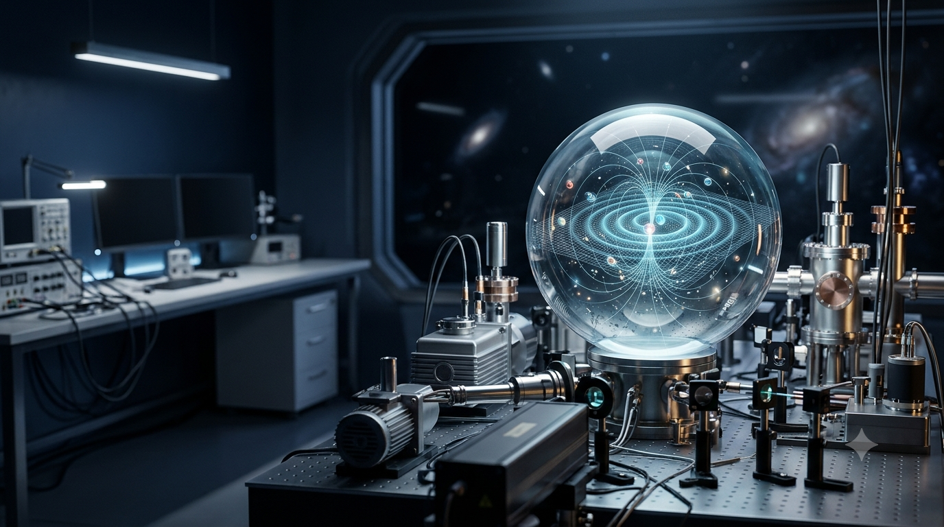 Realistic 3D illustration of physics discoveries featuring spacetime curvature, electromagnetic fields, and subatomic particles.