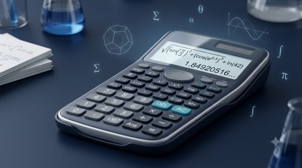 Realistic 3D scientific calculator displaying mathematical expressions and scientific functions.