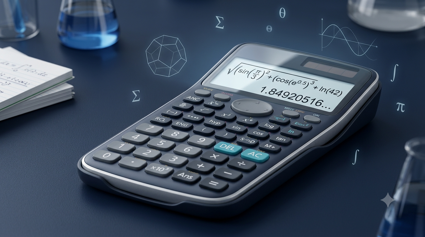 Realistic 3D scientific calculator displaying mathematical expressions and scientific functions.