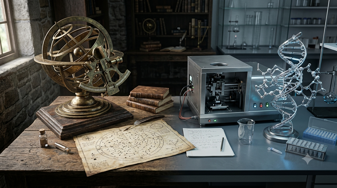 Scientific instruments and molecular models representing how scientific knowledge develops through research and discovery.