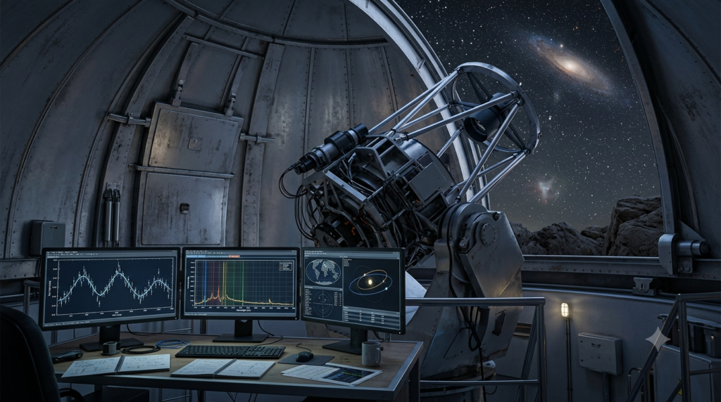 Realistic 3D astronomical observatory with a telescope studying a distant galaxy and scientific data displayed on research monitors.