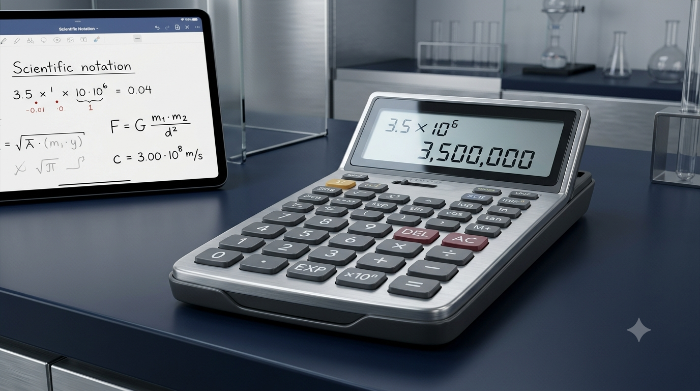 Scientific notation calculator displaying 3.5 × 10⁶ and its decimal equivalent.