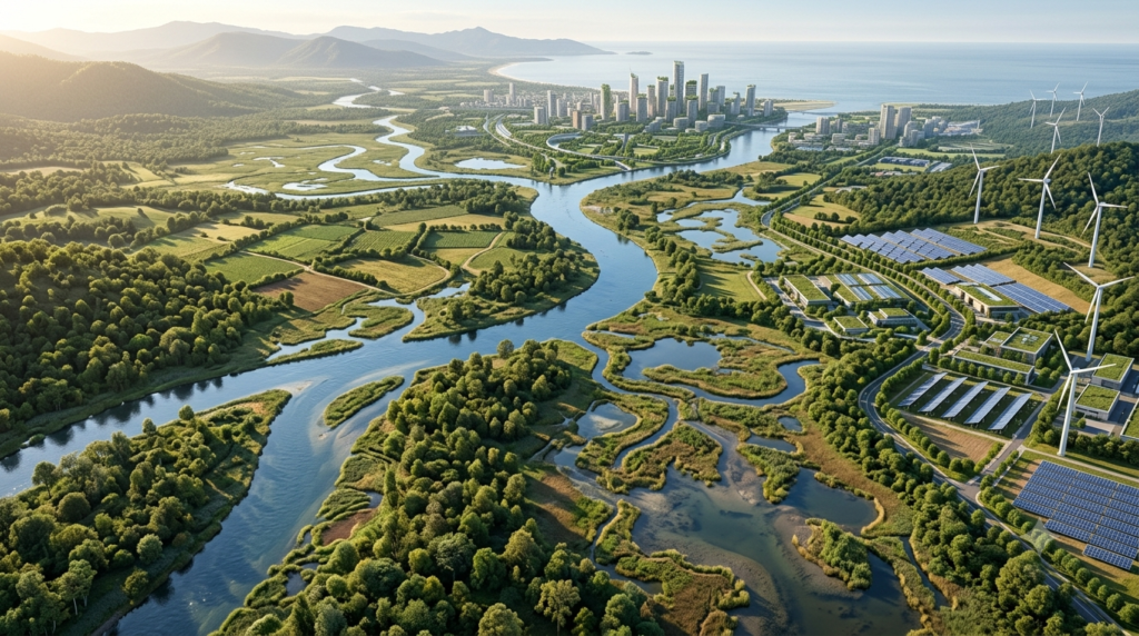 Realistic 3D environmental landscape featuring a river, forests, wetlands, agriculture, and sustainable energy infrastructure.