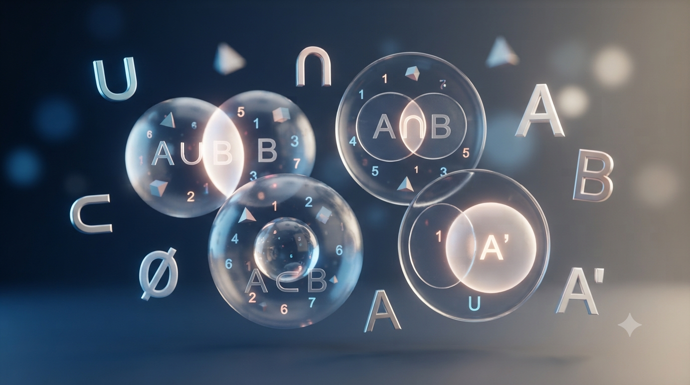 Realistic 3D illustration of set theory formulas and basic set operations