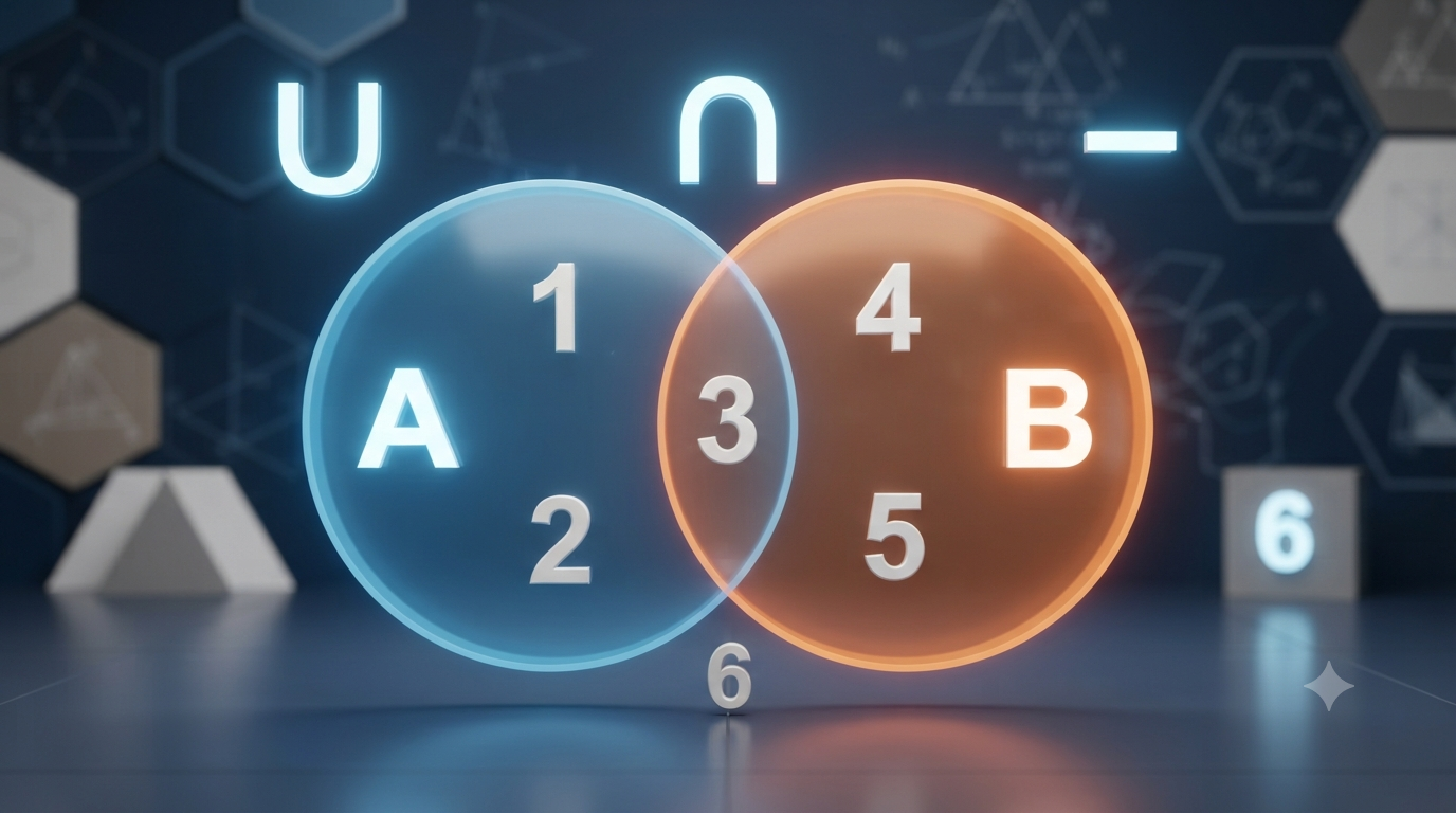 3D illustration of set union, intersection, and difference rules