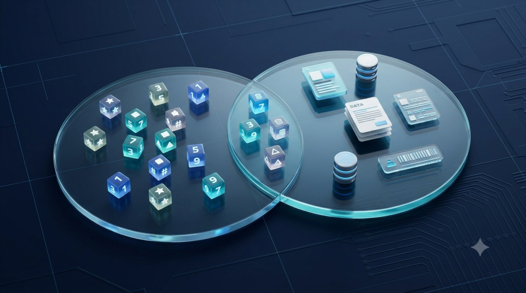 Realistic 3D illustration of mathematical sets representing unique data collections and shared elements in computer science.