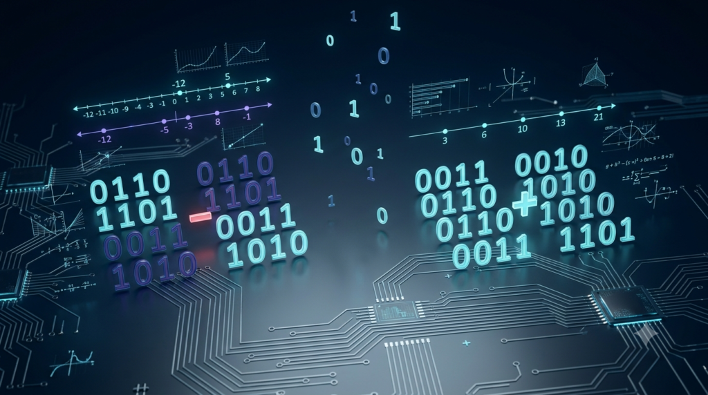 3D visualization of signed and unsigned numbers using binary digits and computer circuit elements