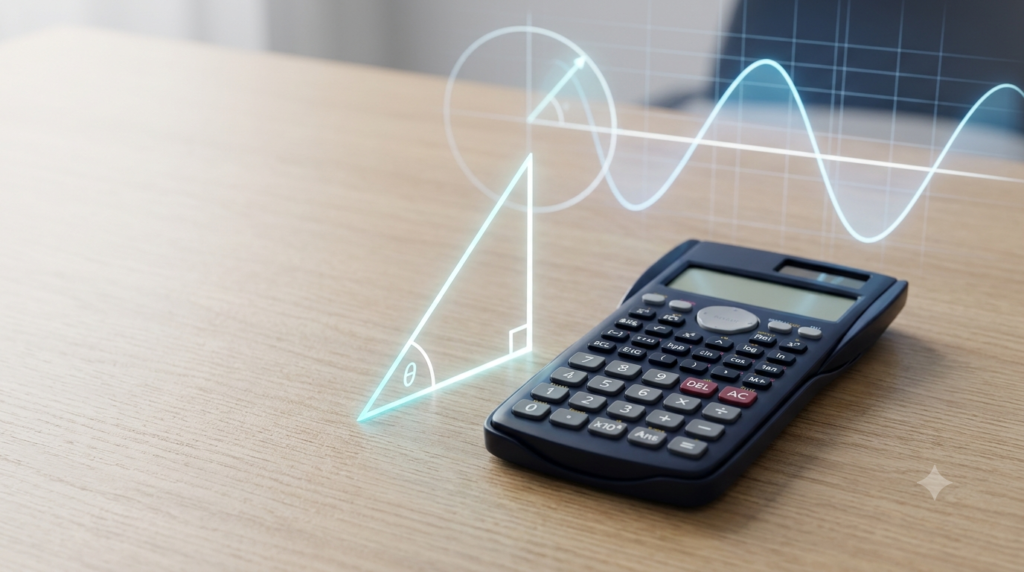 Realistic 3D illustration of a sine calculator with a right-angled triangle and sine wave.