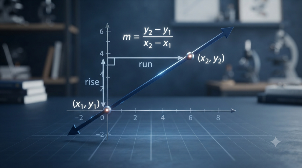 Realistic 3D coordinate graph showing slope, rise, run, and two points on a straight line