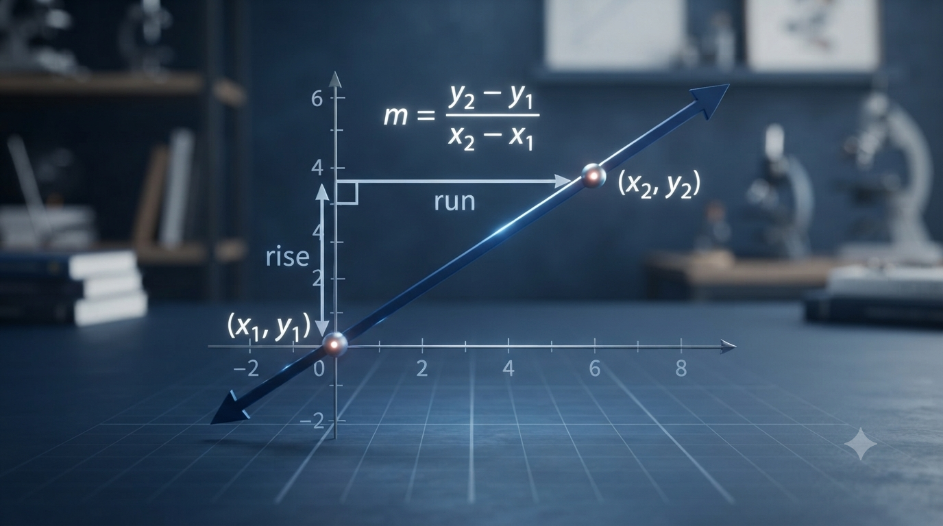 Realistic 3D coordinate graph showing slope, rise, run, and two points on a straight line
