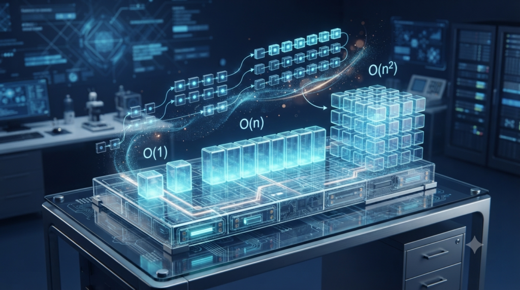 3D illustration of computer memory blocks, data arrays, and matrix structures representing space complexity and memory usage formulas.
