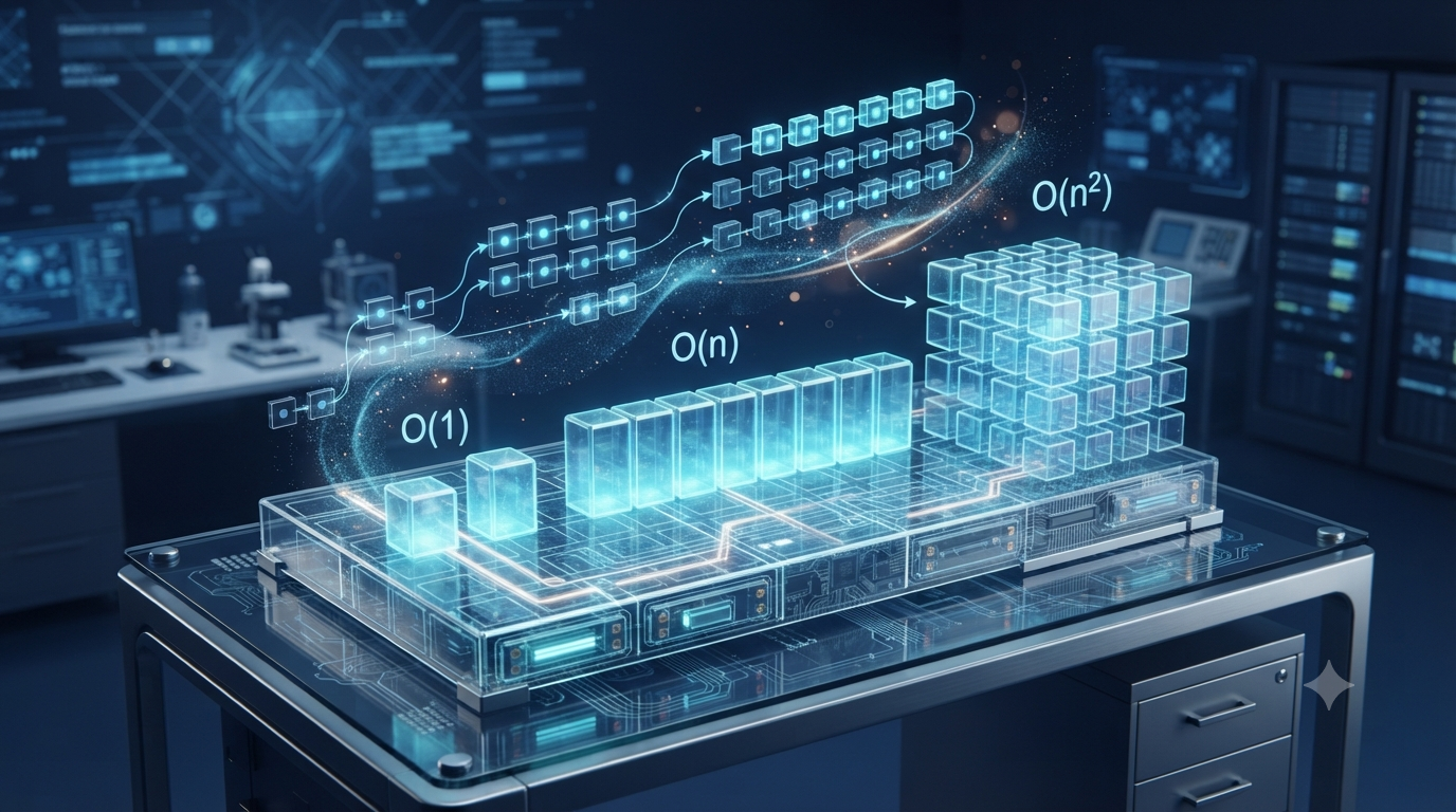 3D illustration of computer memory blocks, data arrays, and matrix structures representing space complexity and memory usage formulas.
