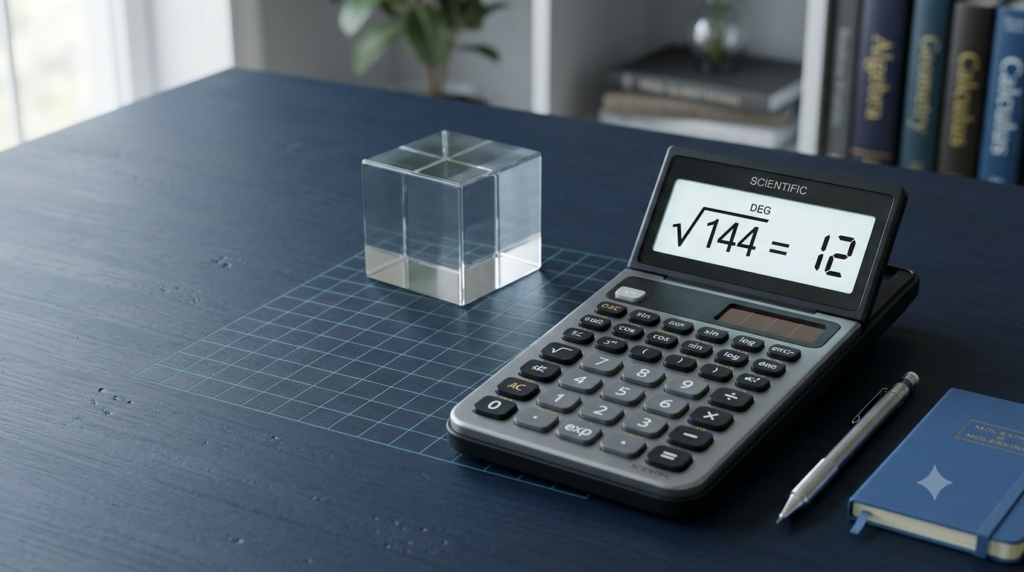 3D calculator displaying the square root of 144 as 12 on a mathematics study desk