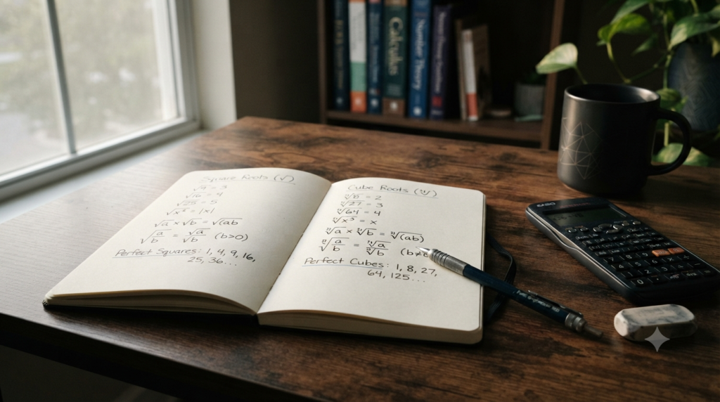 Square root and cube root formulas with mathematical expressions and examples