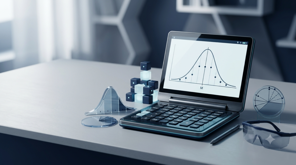 3D illustration of a statistical calculator representing standard deviation and data distribution