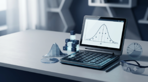 3D illustration of a statistical calculator representing standard deviation and data distribution