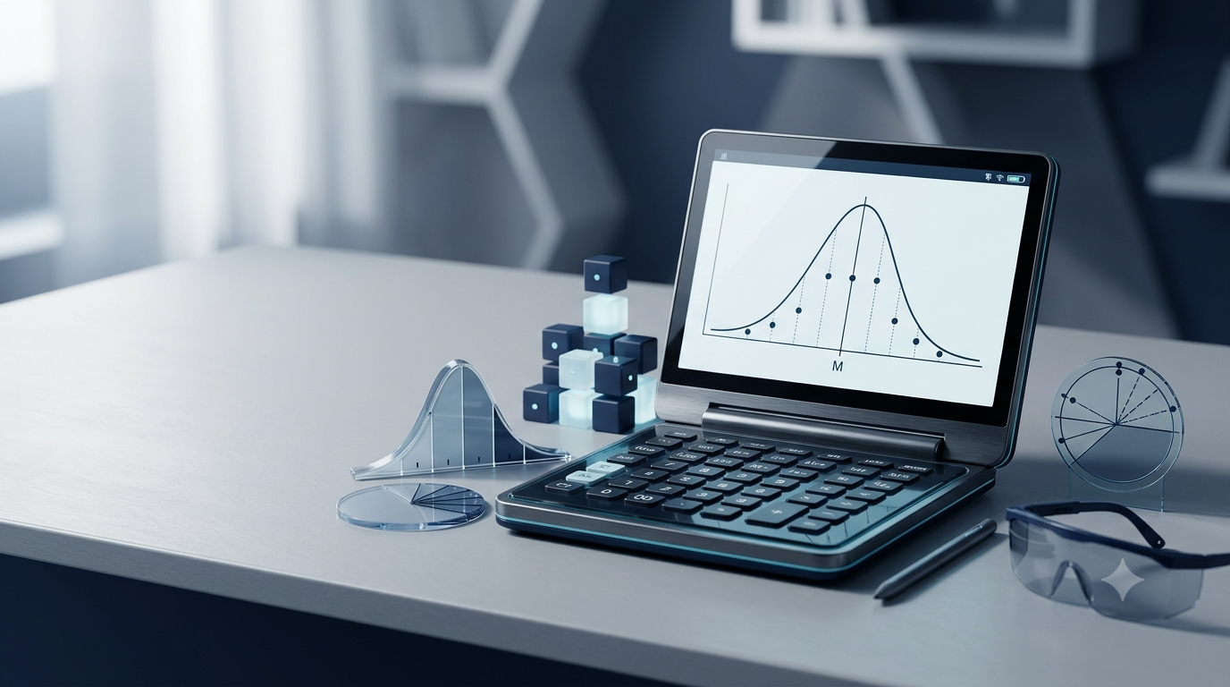 3D illustration of a statistical calculator representing standard deviation and data distribution