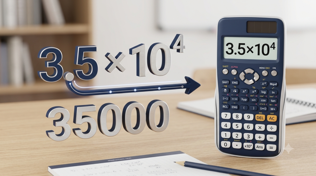 Standard form to decimal conversion using a scientific calculator showing 3.5 × 10⁴ and 35000.