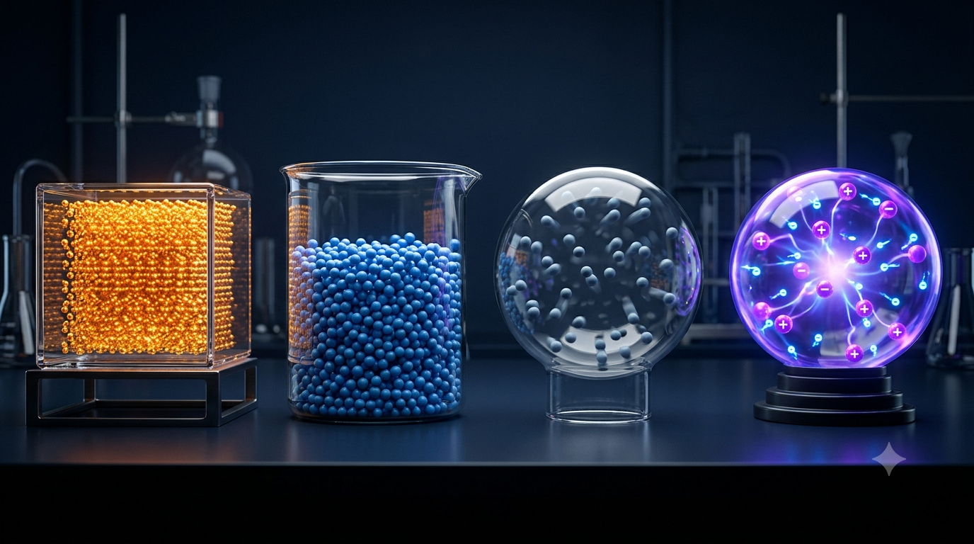 Realistic 3D illustration of solid, liquid, gas, and plasma showing different particle arrangements and states of matter.