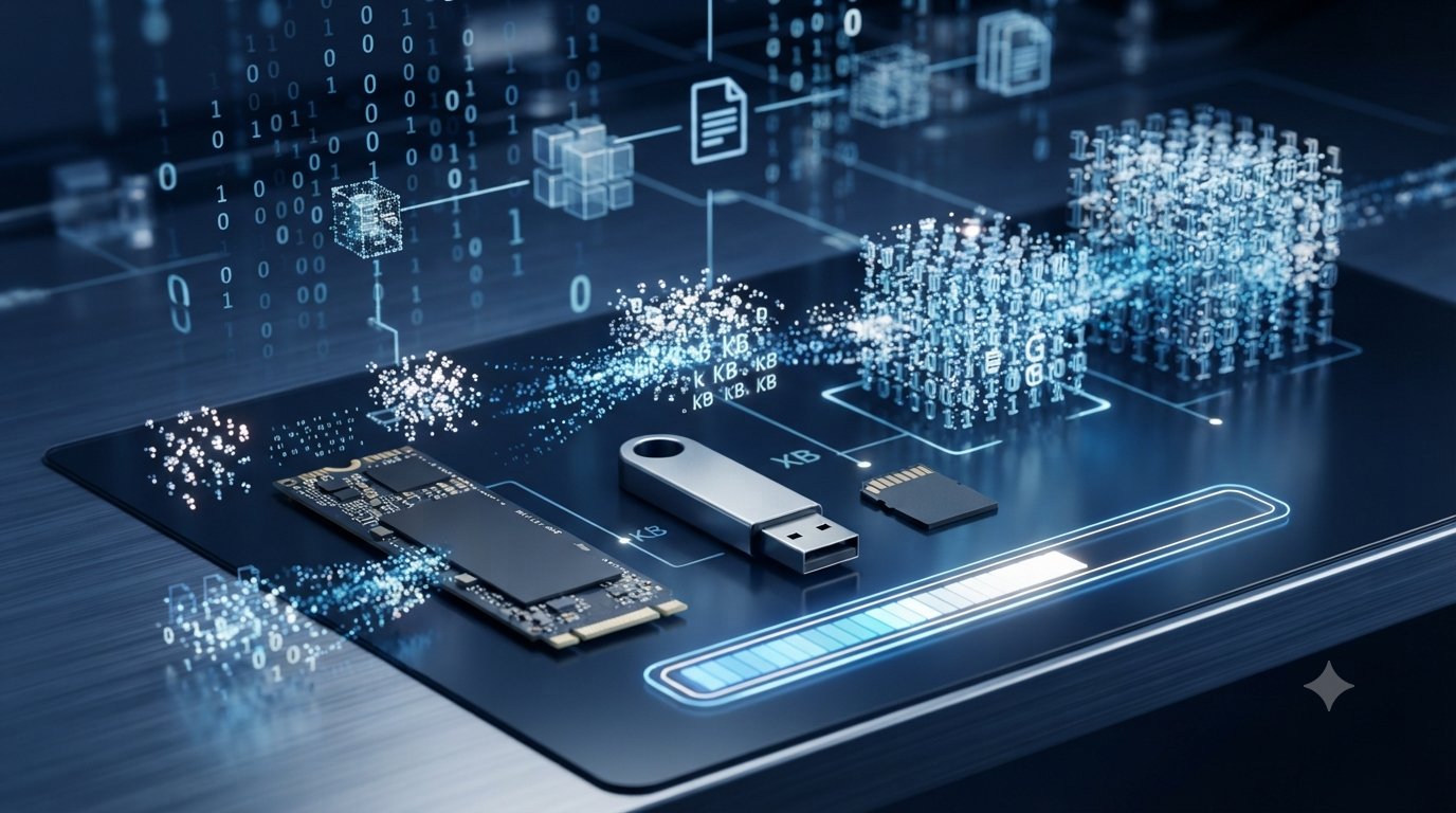 3D illustration of an SSD, USB flash drive, and memory card representing storage capacity and file size calculation formulas.