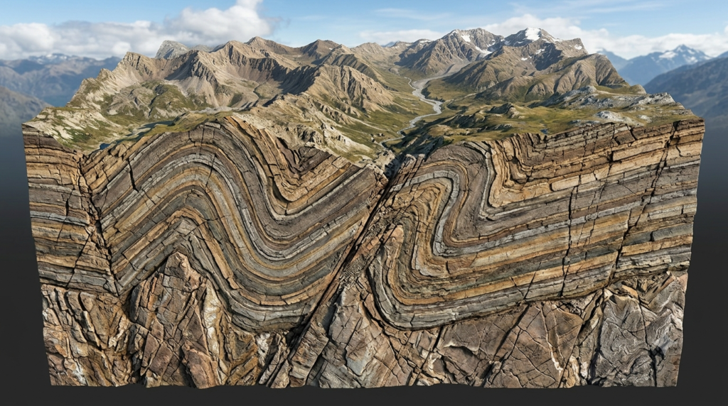 3D geological cutaway showing folded rock layers, a fault, fractured bedrock, and mountain formations