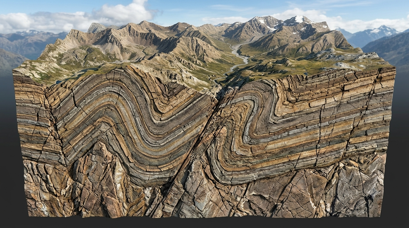 3D geological cutaway showing folded rock layers, a fault, fractured bedrock, and mountain formations