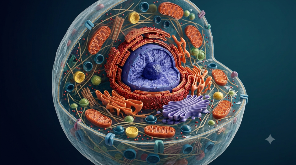 Realistic 3D illustration of an animal cell showing the nucleus, mitochondria, ribosomes, endoplasmic reticulum, Golgi apparatus, and other major cell organelles.