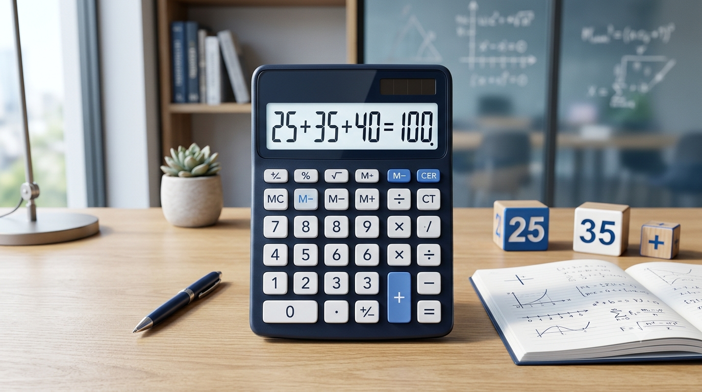 Realistic 3D illustration of a digital Sum Calculator displaying an addition calculation.