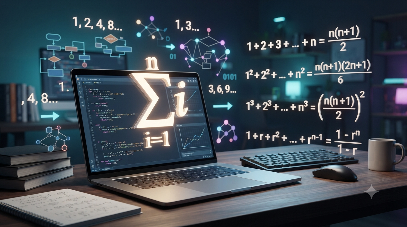 Realistic 3D computer science workspace showing summation notation and basic series formulas