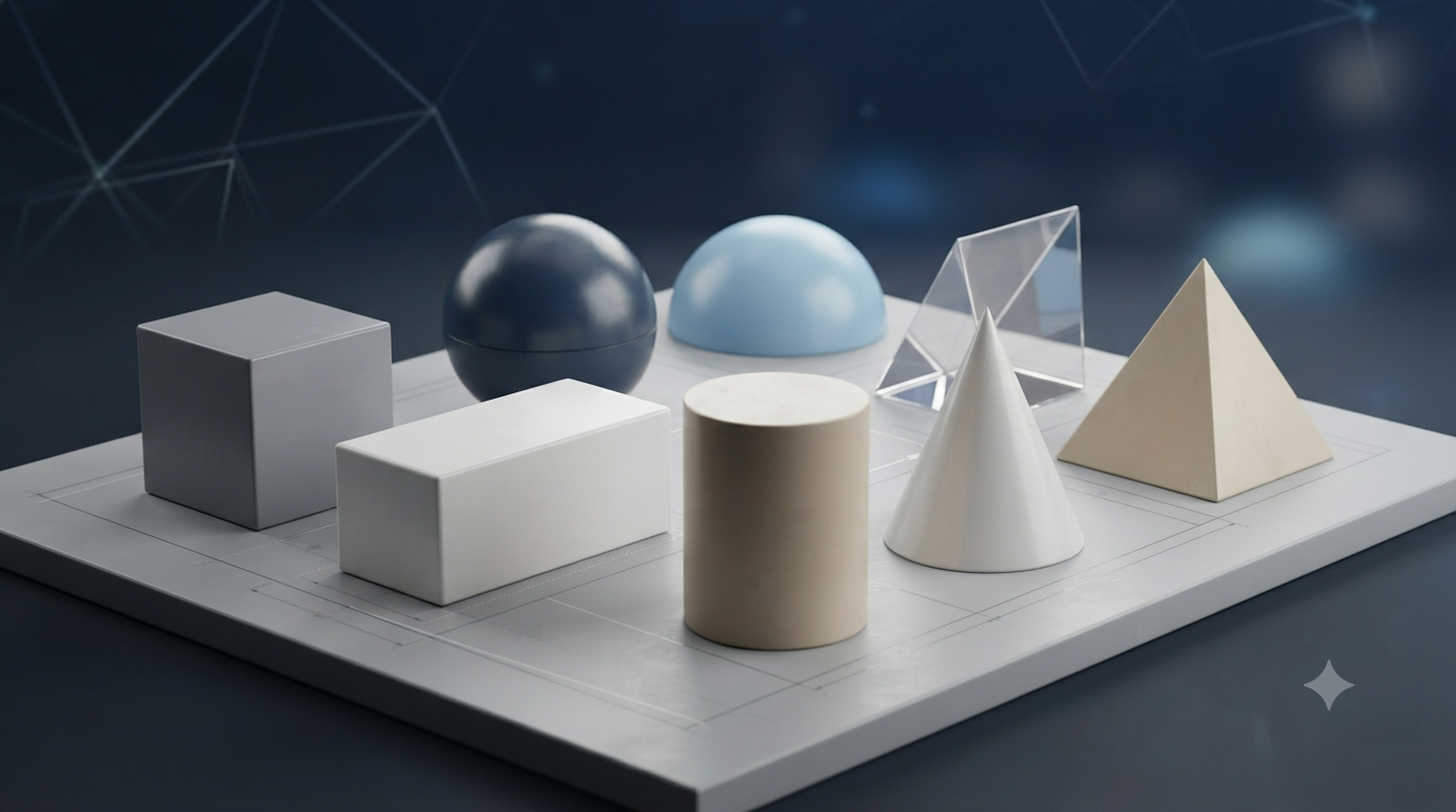 Realistic 3D geometric shapes illustrating surface area formulas