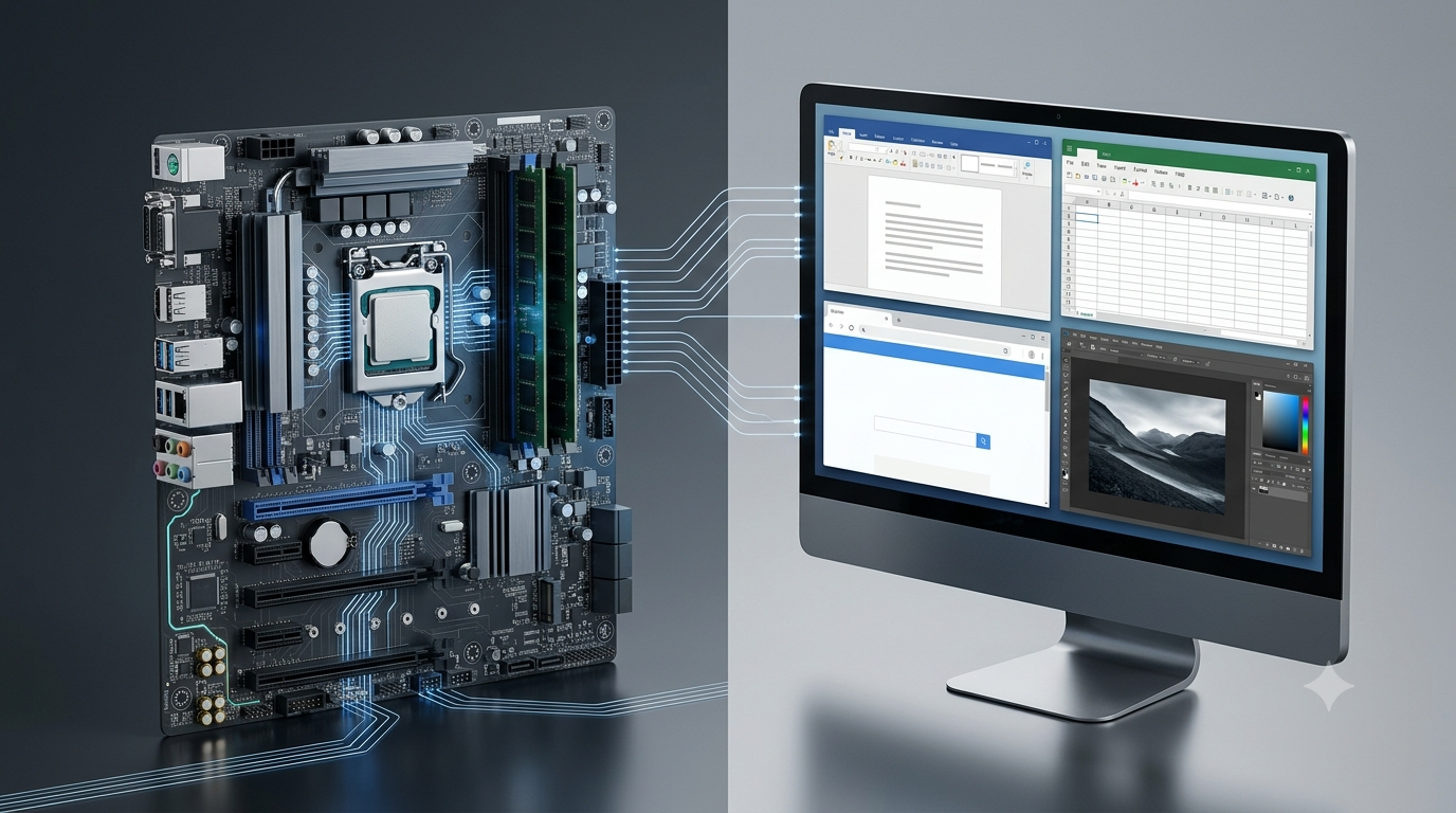 3D illustration comparing computer hardware management with application software interfaces.