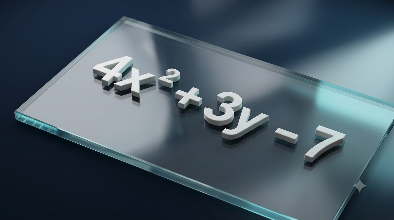 3D visualization of algebraic terms showing variables, exponents, and a constant in an algebraic expression.