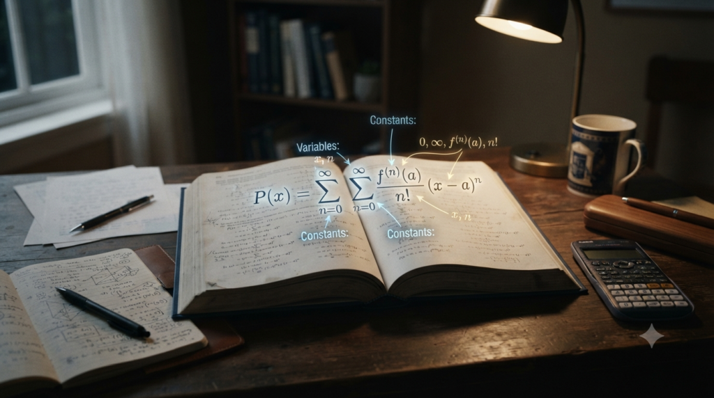 Understanding terms in mathematical formulas including variables constants coefficients and exponents